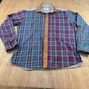 Southern Pines Plaid Button Down Shirt Faux Suede Trim L